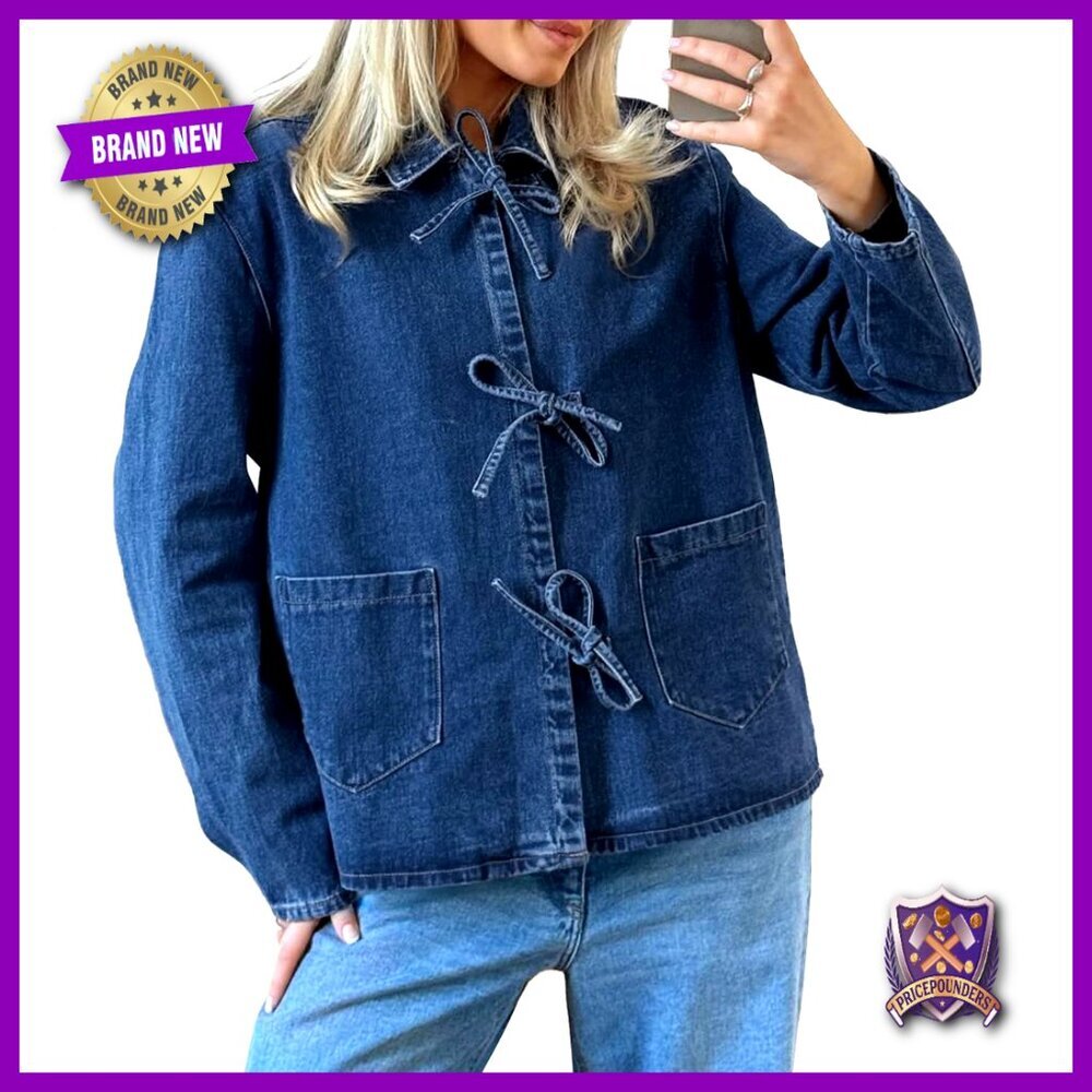Distressed Denim Shacket Tie Front Y2K Oversized Loose Fit Long Sleeve with - Picture 1 of 7
